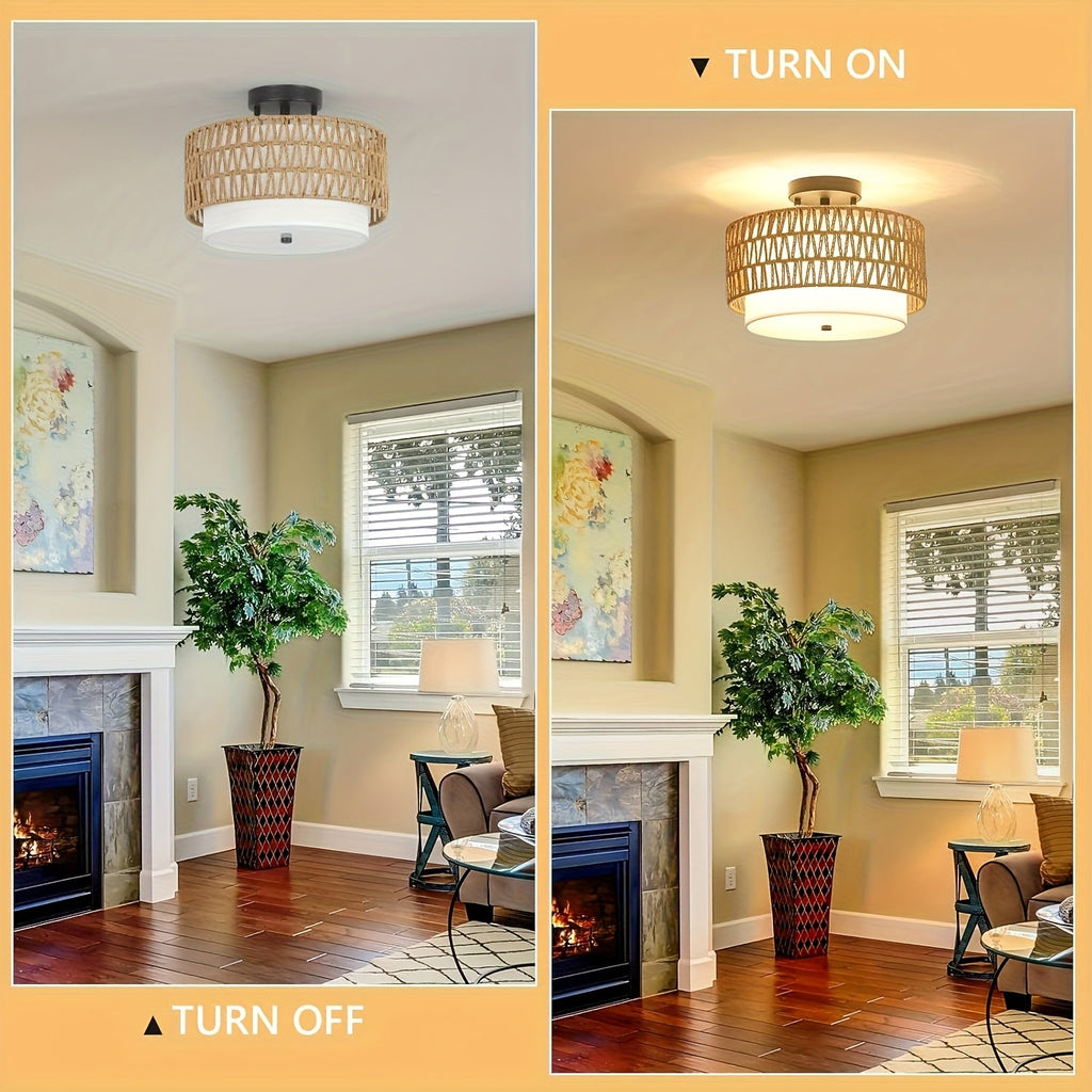 Rattan Ceiling Light – Semi-Flush Mount with Linen Shade