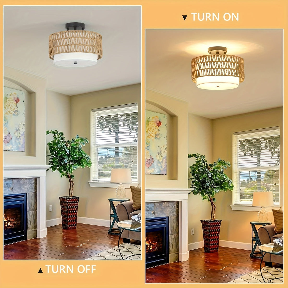Rattan Ceiling Light – Semi-Flush Mount with Linen Shade