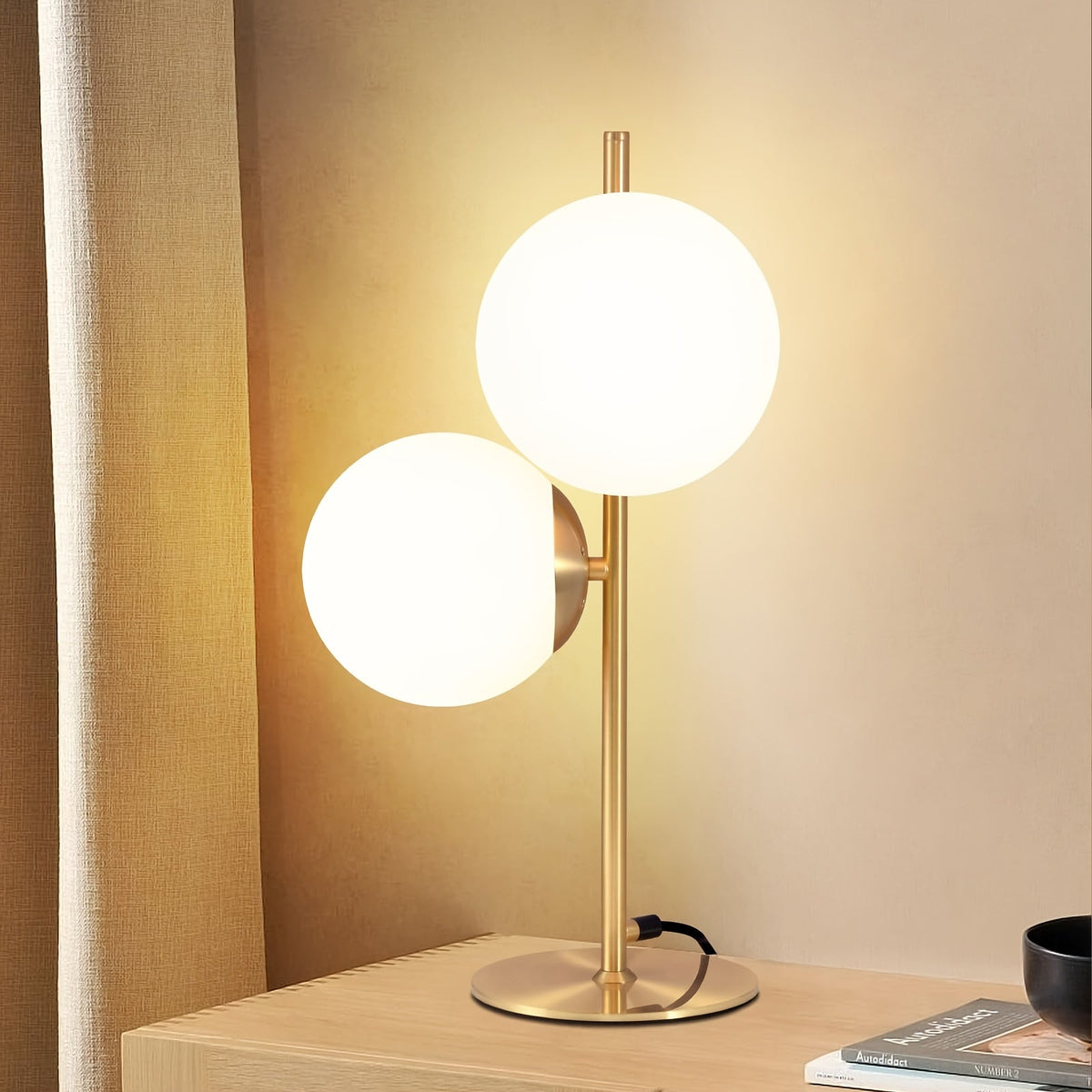 Gold Table Lamp – White Glass Globe Bedside Light