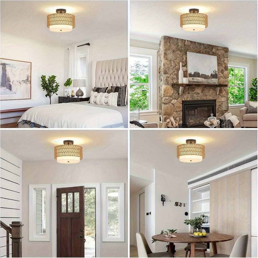 Rattan Ceiling Light – Semi-Flush Mount with Linen Shade
