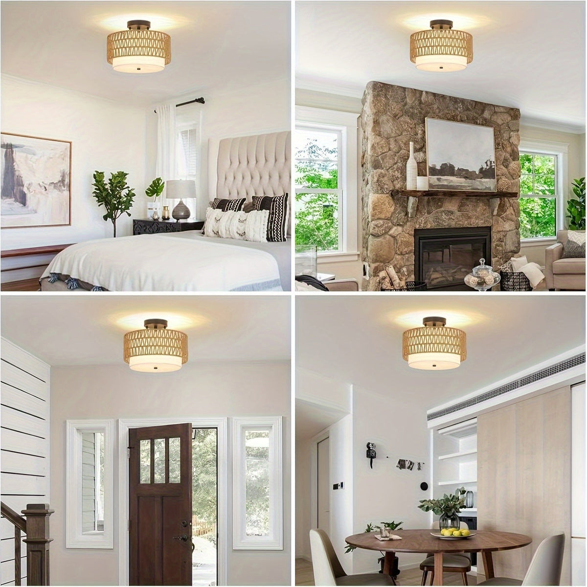 Rattan Ceiling Light – Semi-Flush Mount with Linen Shade