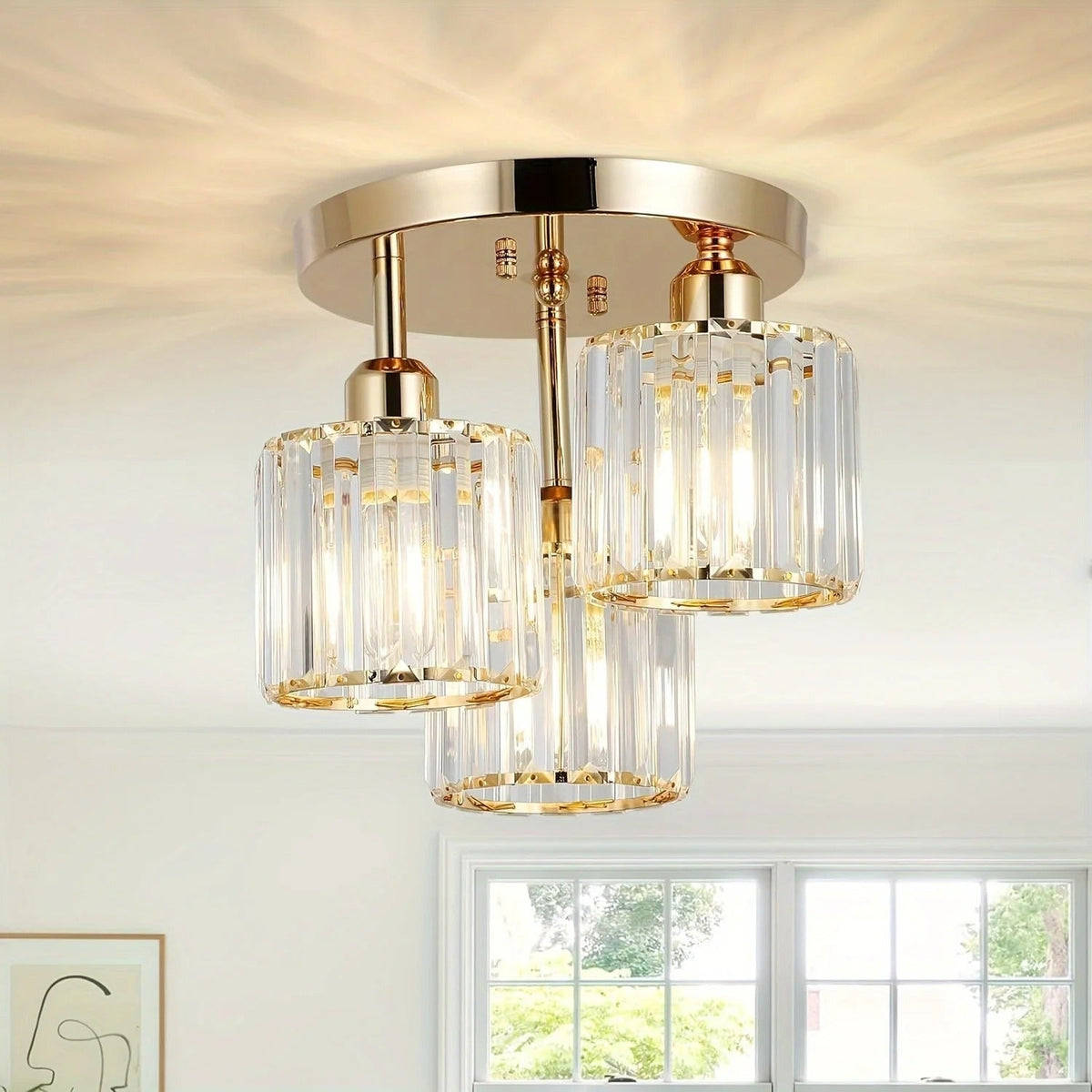 Crystal Ceiling Light – 3-Light Gold Semi-Flush Mount