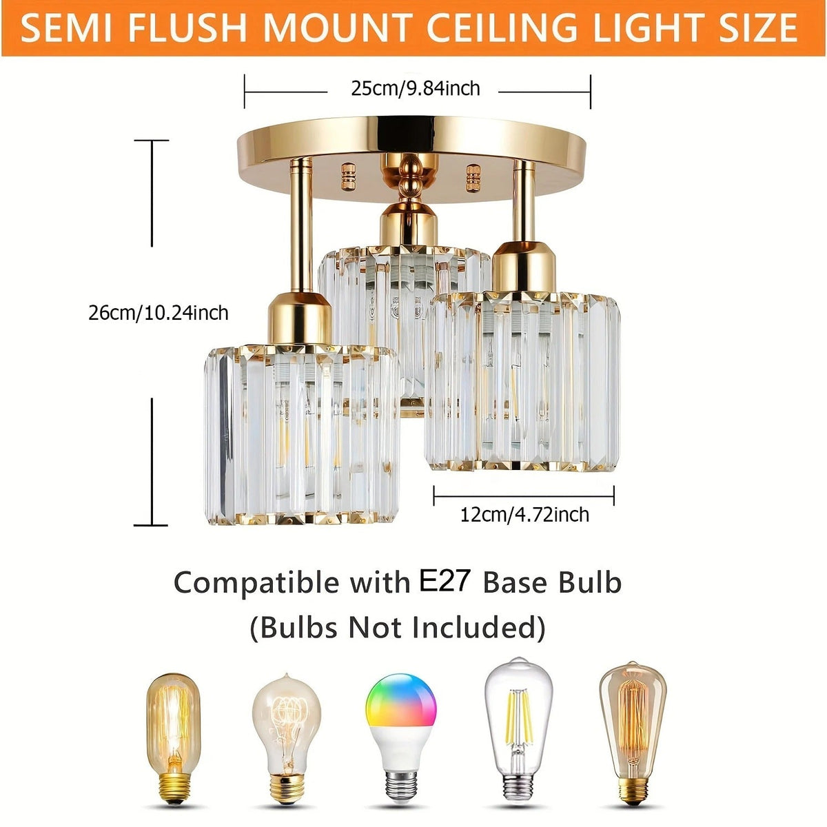 Crystal Ceiling Light – 3-Light Gold Semi-Flush Mount