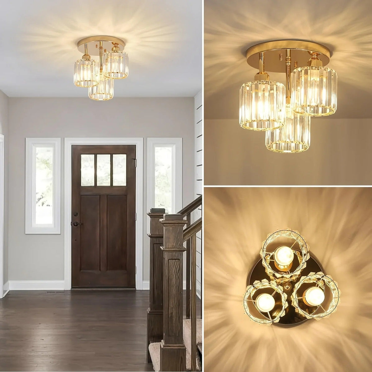 Crystal Ceiling Light – 3-Light Gold Semi-Flush Mount